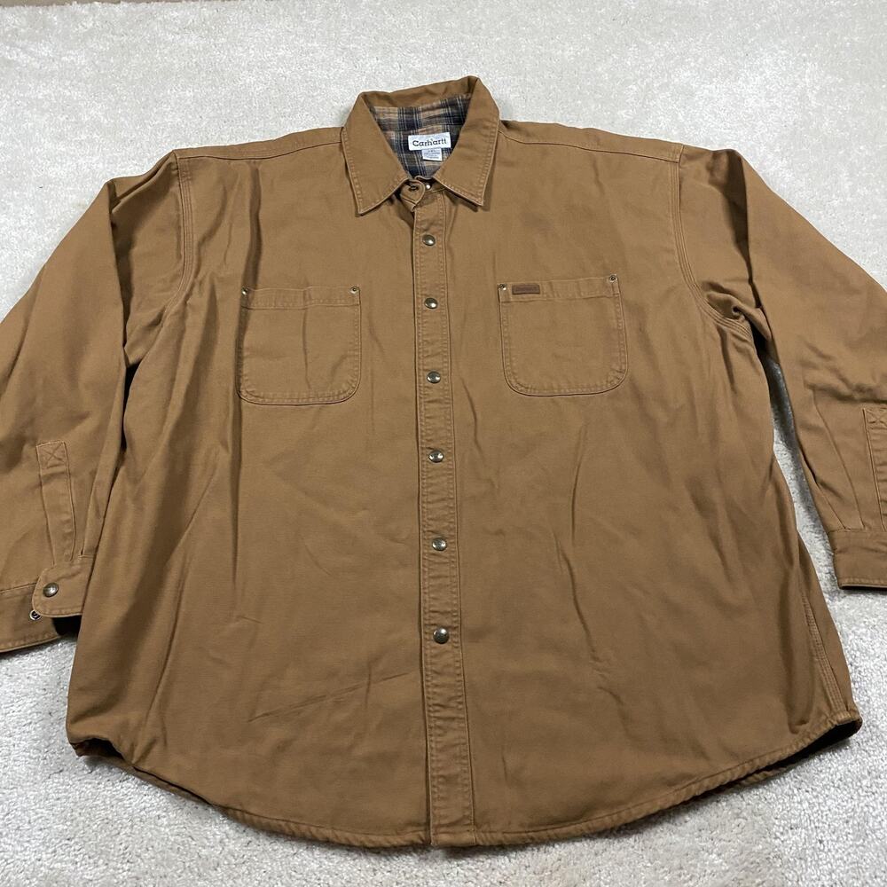 Carhartt Shirt Jacket Mens 2XL Brown Canvas Flannel Lined Workwear Outdoor
